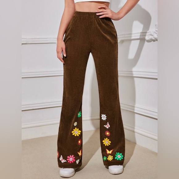 Butterfly and Floral Brown Corduroy Flare Pants - Picture 2 of 13